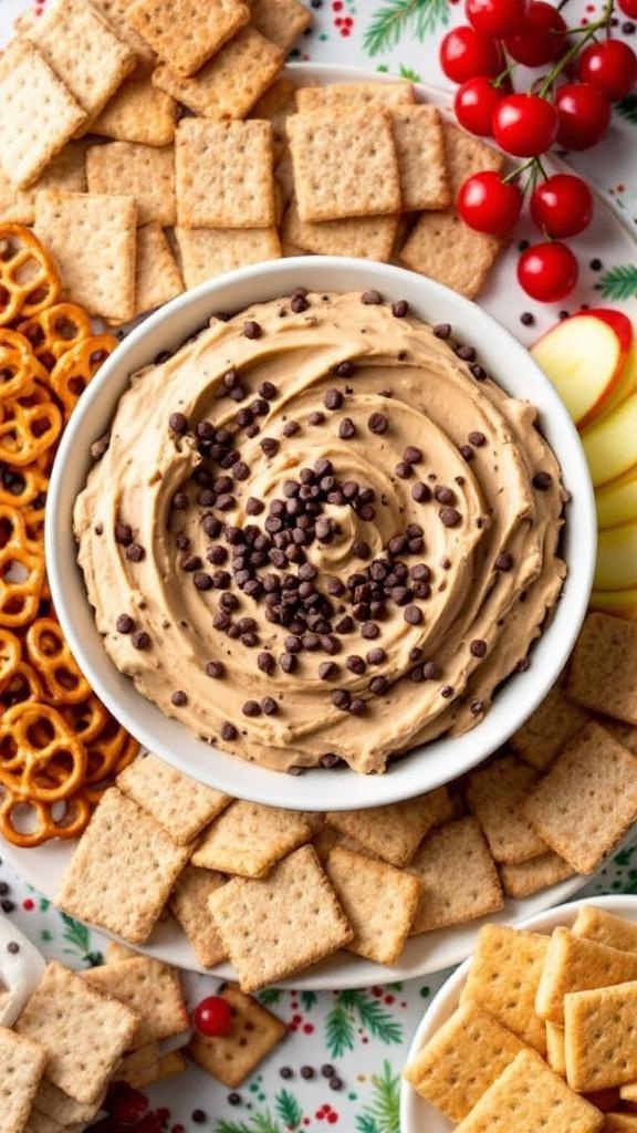 A bowl of chocolate chip cookie dough dip surrounded by graham crackers, pretzels, and apple slices.