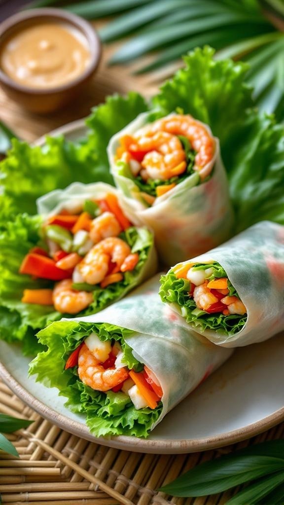 Fresh summer rolls with shrimp and vegetables served with peanut dipping sauce