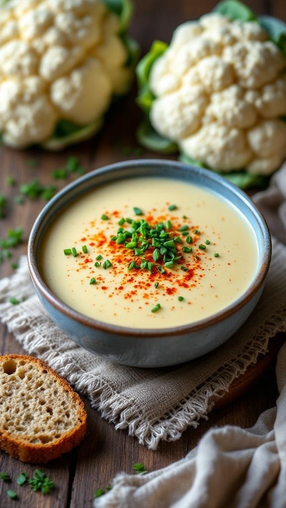 A bowl of creamy cauliflower soup garnished with chives and paprika, with fresh cauliflower heads in the background.