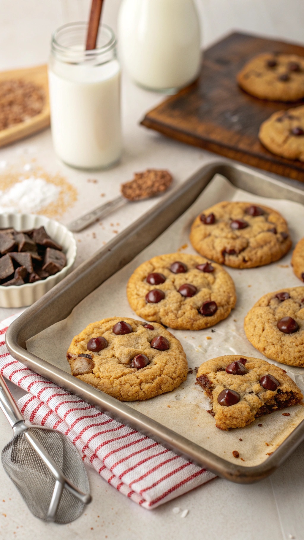 A tray of nut-free chocolate chip cookies with a glass of milk and baking ingredients in the background.