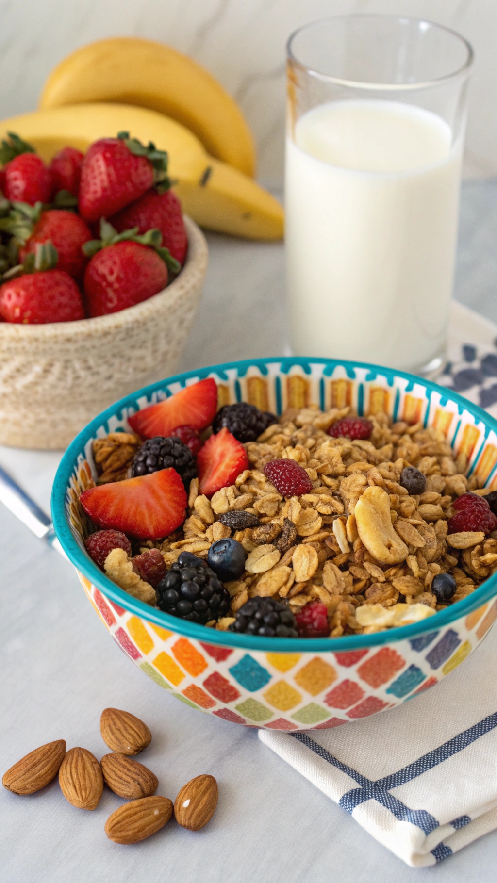 A bowl of nut-free granola topped with fresh berries, with bananas and a glass of milk in the background.