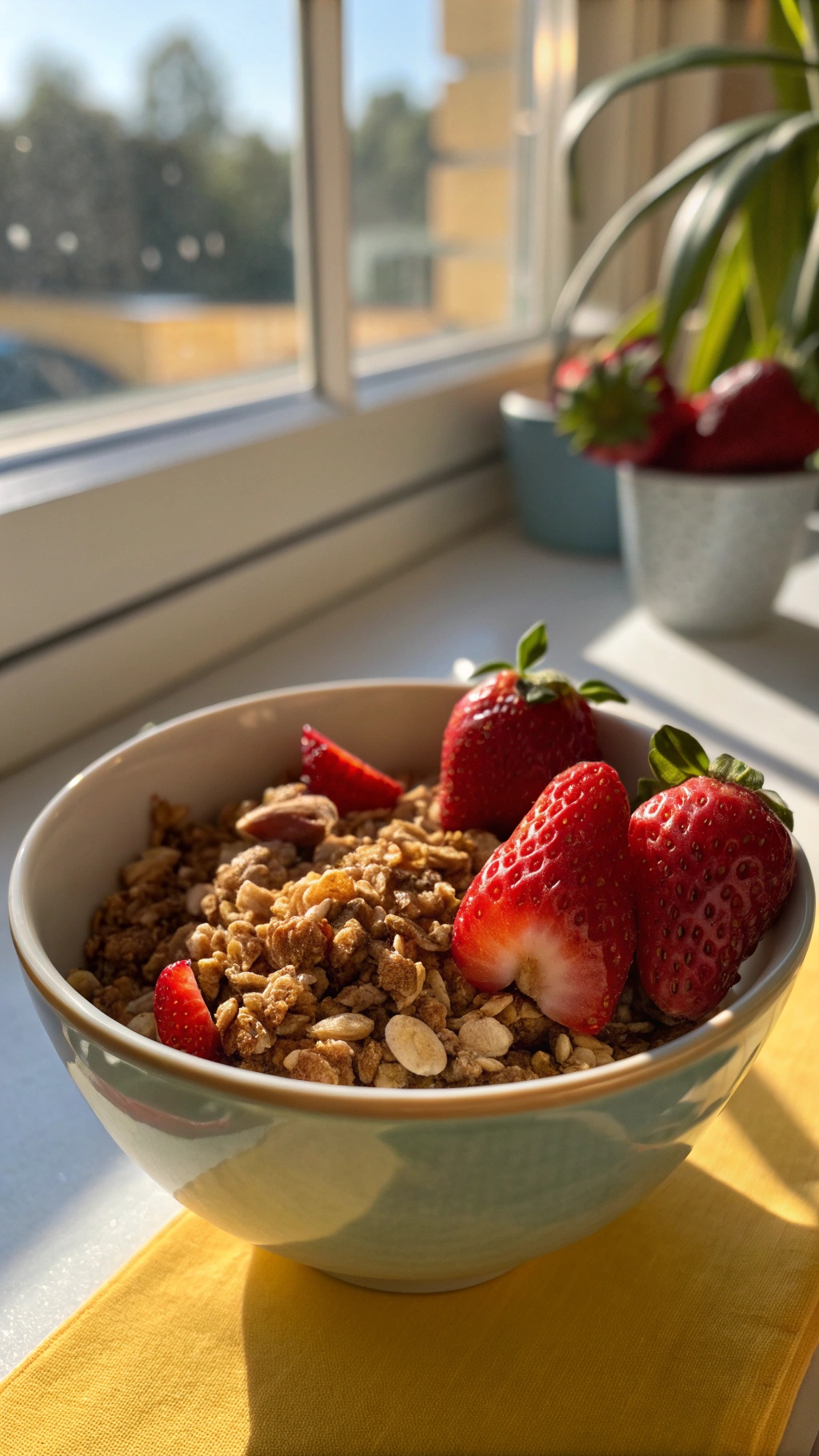 A bowl of sunflower seed granola topped with fresh strawberries, sitting on a sunny windowsill.