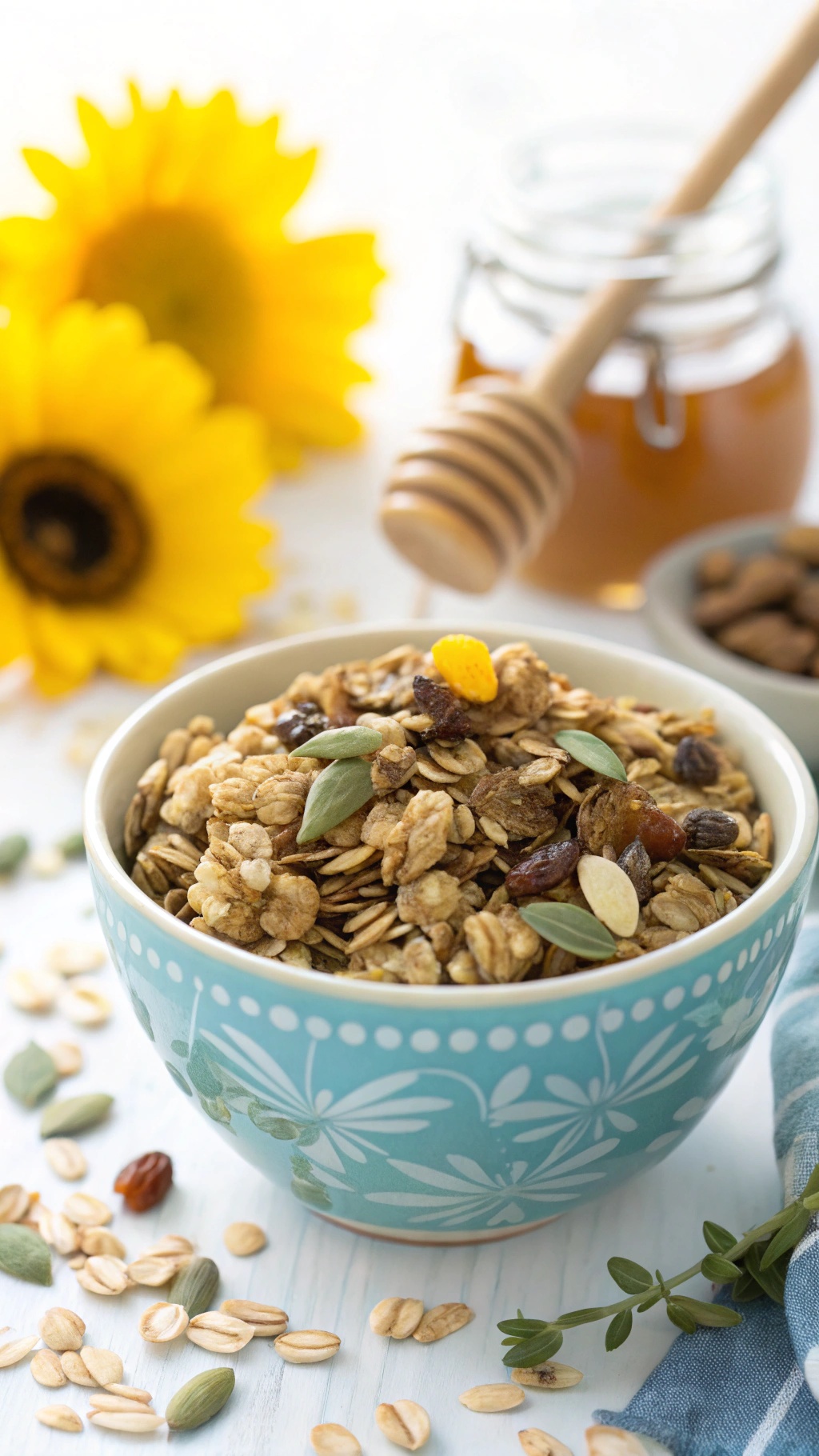 A bowl of sunflower seed granola with dried fruits, surrounded by sunflowers and a jar of honey.