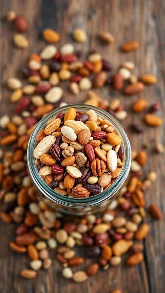 A glass jar filled with a colorful mix of nuts and seeds, surrounded by more nuts on a wooden surface.