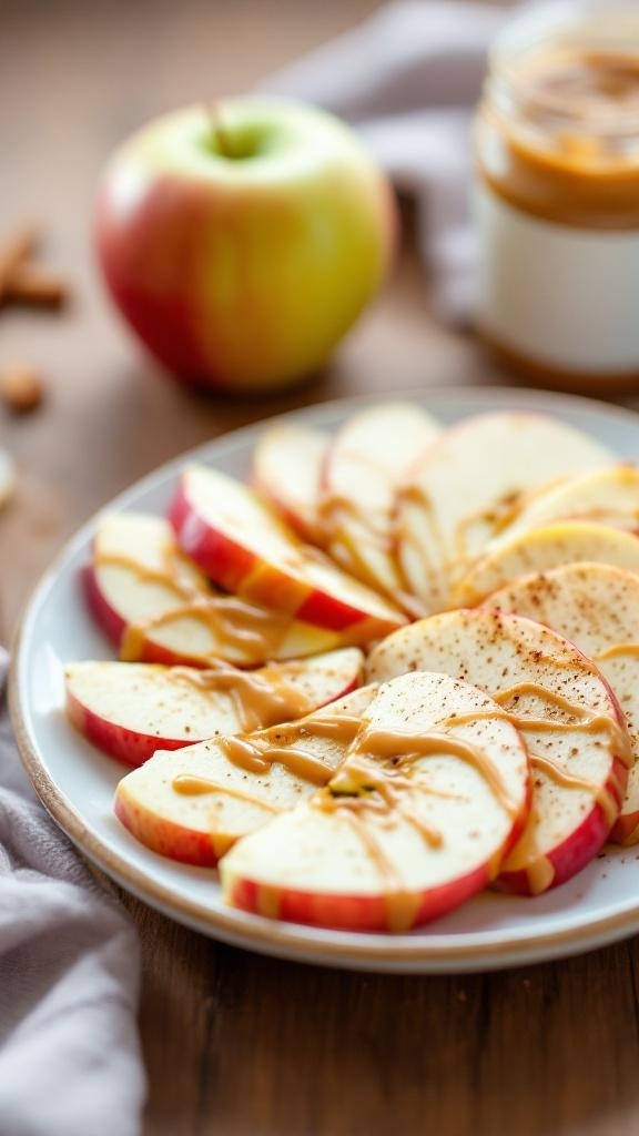 A plate of apple slices drizzled with nut butter, with a whole apple and a jar of nut butter in the background.