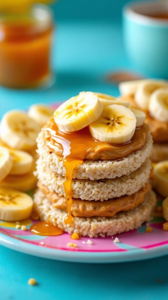 Nut butter and rice cake sandwiches topped with banana slices and honey