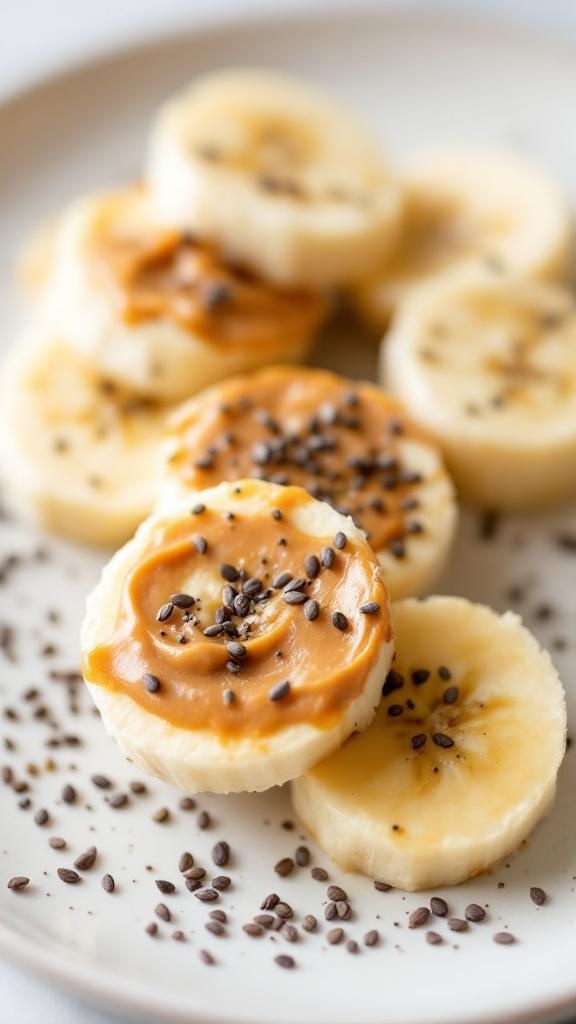 A plate of banana slices topped with nut butter and sprinkled with chia seeds.