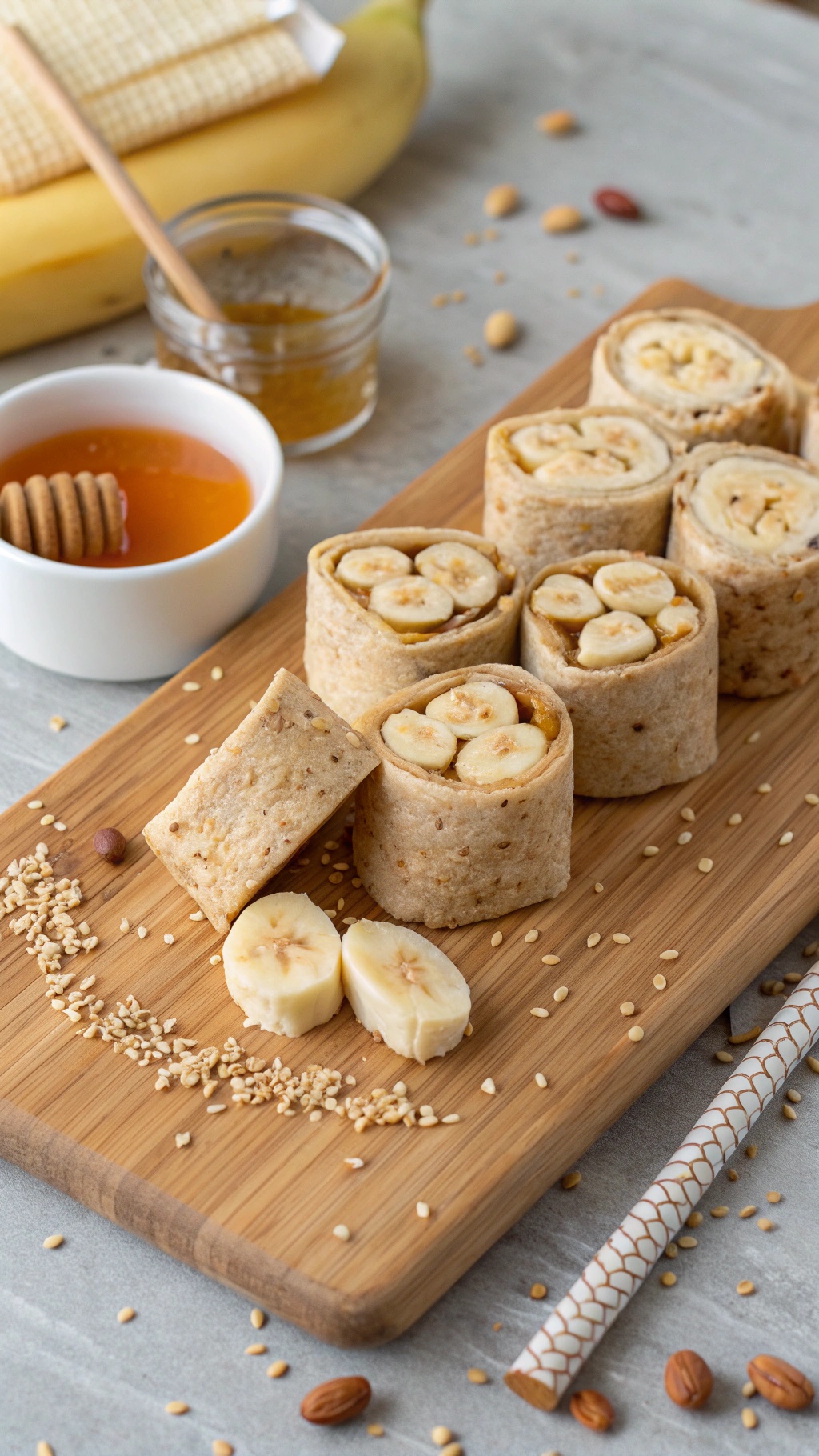 Nut butter banana sushi rolls on a wooden board with honey and nuts