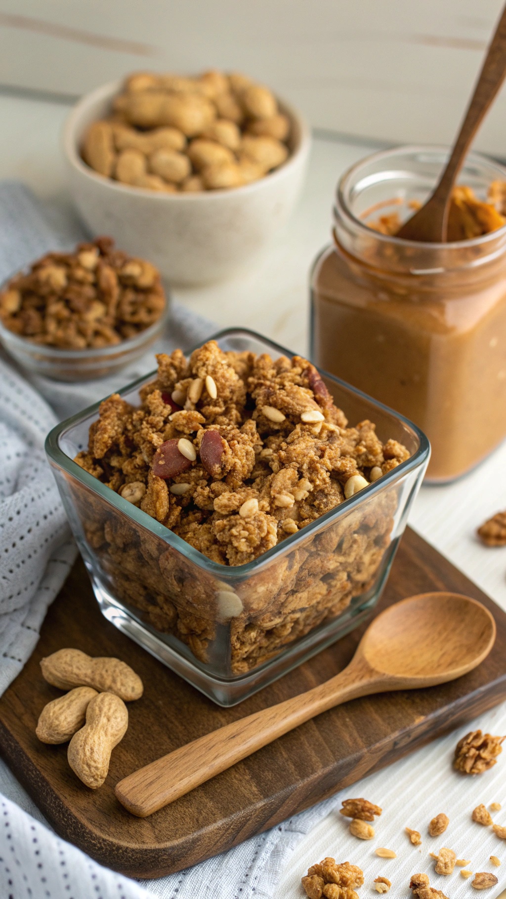 A glass container filled with peanut butter granola, surrounded by peanuts and a jar of peanut butter.
