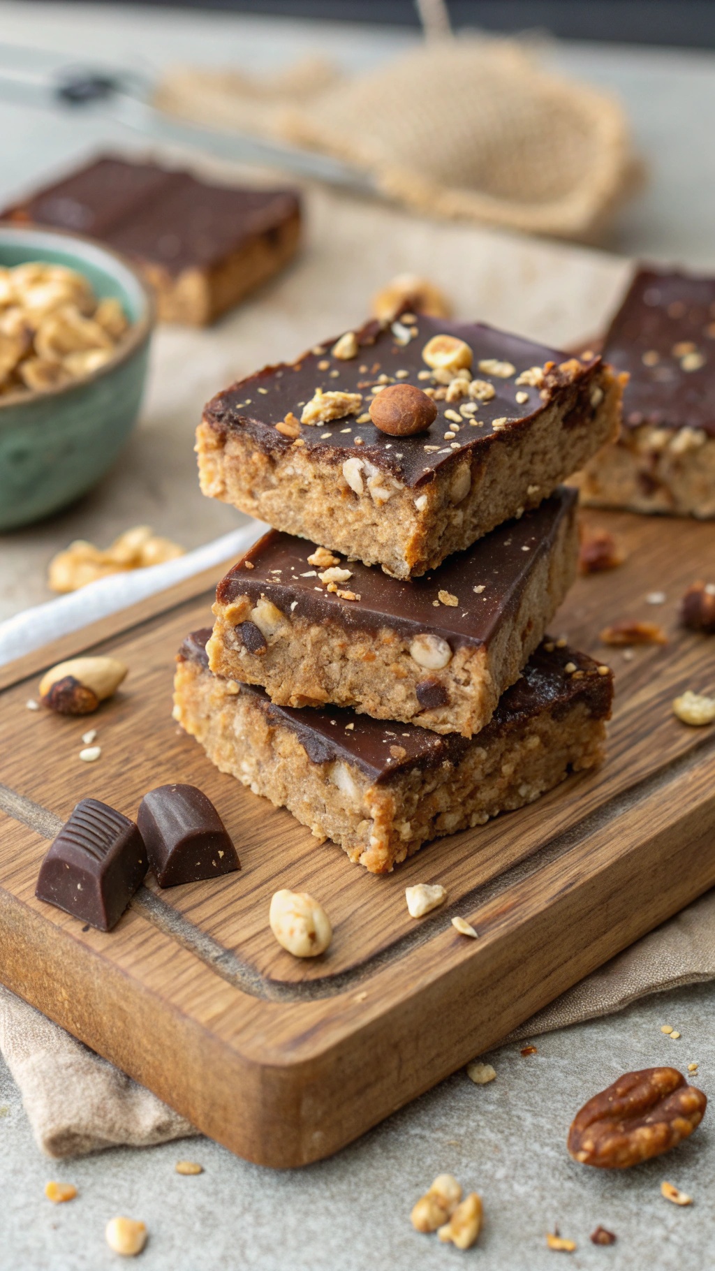Nutri-Bite Protein Bars stacked on a wooden board with nuts and chocolate pieces