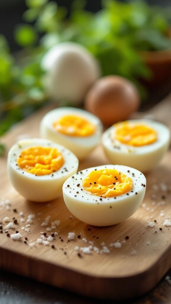 Hard-boiled eggs cut in half, showcasing bright yellow yolks, sprinkled with salt and pepper on a wooden board.