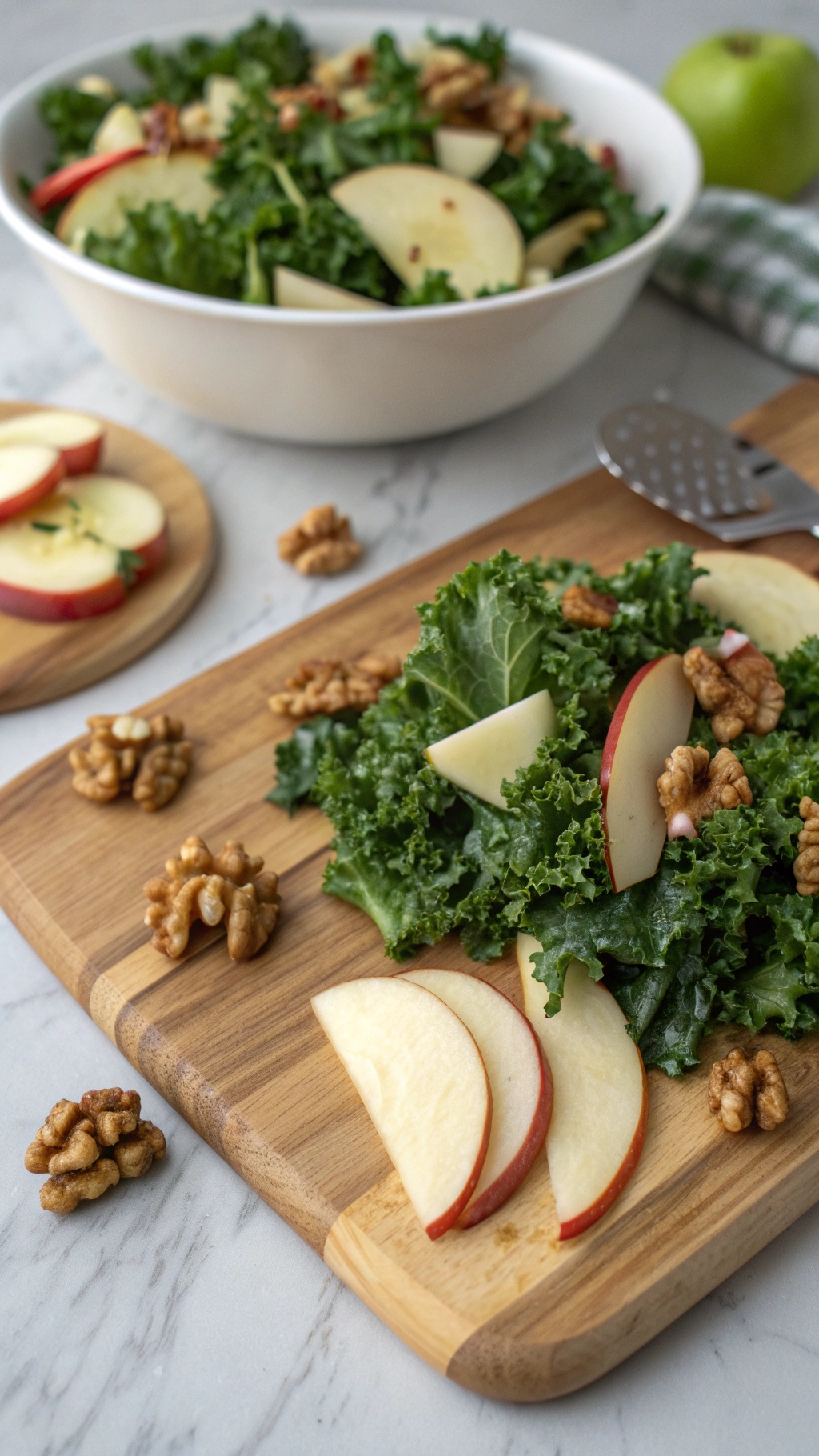 A fresh kale salad with apples and walnuts, beautifully arranged on a wooden cutting board.