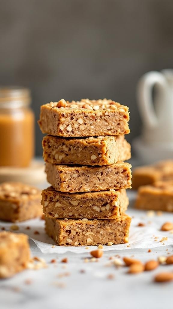 Nutritious almond butter protein bars stacked on each other with a jar of almond butter in the background.