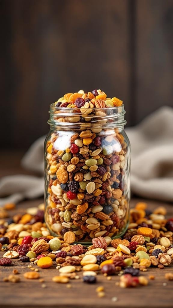 A jar filled with colorful trail mix including nuts, seeds, and dried fruits.