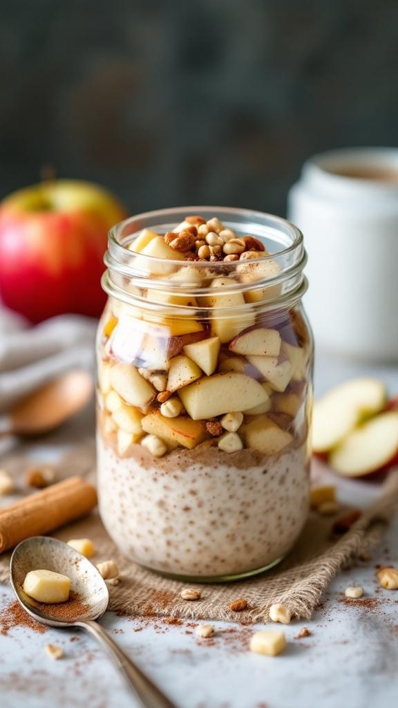 A jar of apple cinnamon overnight oats topped with diced apples and nuts