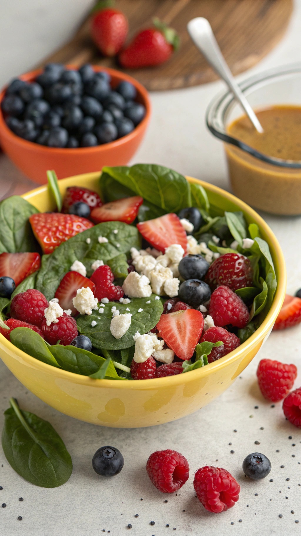 A colorful bowl of berry and spinach salad with strawberries, blueberries, raspberries, and feta cheese.