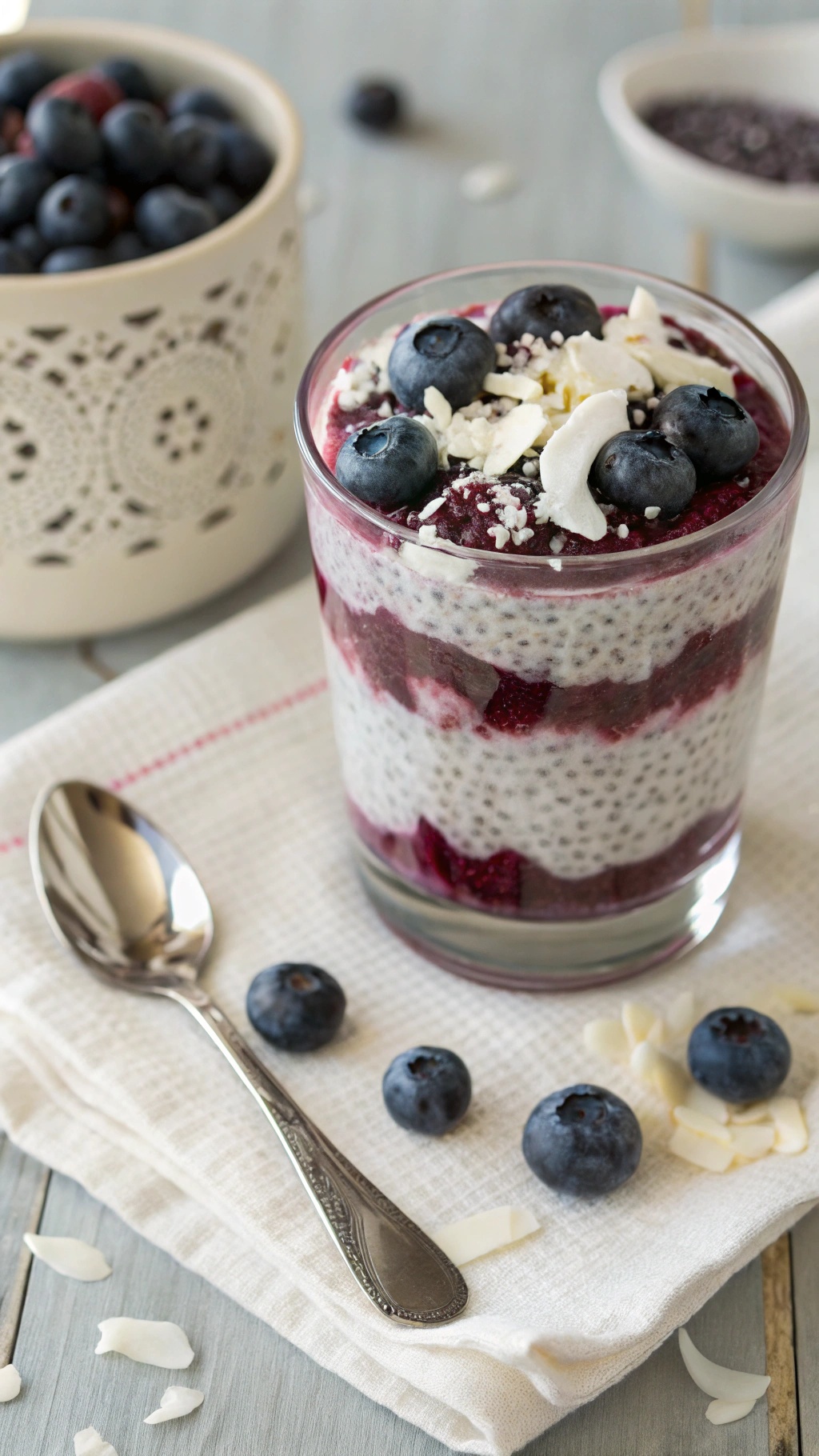 A glass of blueberry chia seed pudding topped with fresh blueberries and coconut flakes.