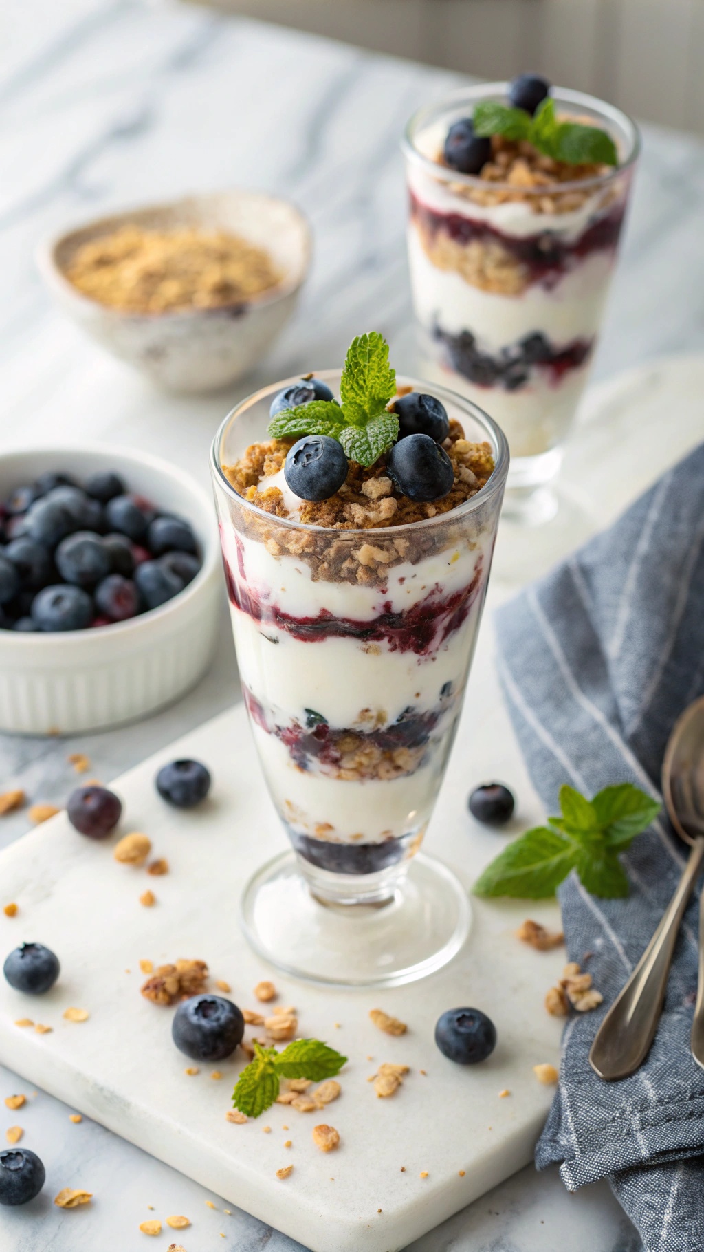 A delicious blueberry Greek yogurt parfait with layers of yogurt, blueberries, and granola, garnished with mint.