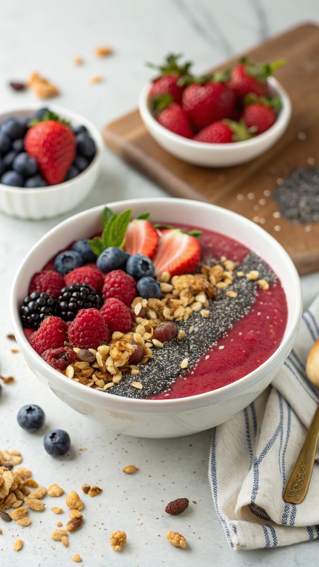 A colorful berry chia seed protein bowl topped with fresh berries, granola, and chia seeds.
