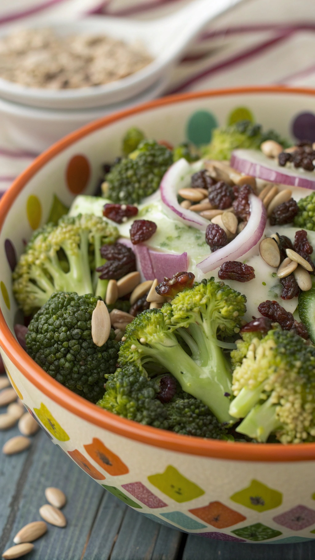 A colorful bowl of broccoli salad with raisins, red onion, and sunflower seeds.