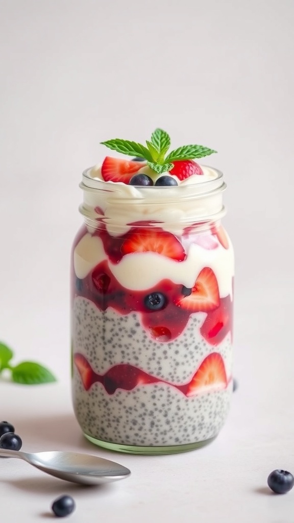 A jar of chia pudding layered with fresh fruits and topped with mint leaves.