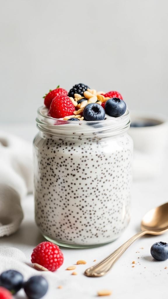 A jar of chia seed pudding topped with fresh berries and nuts
