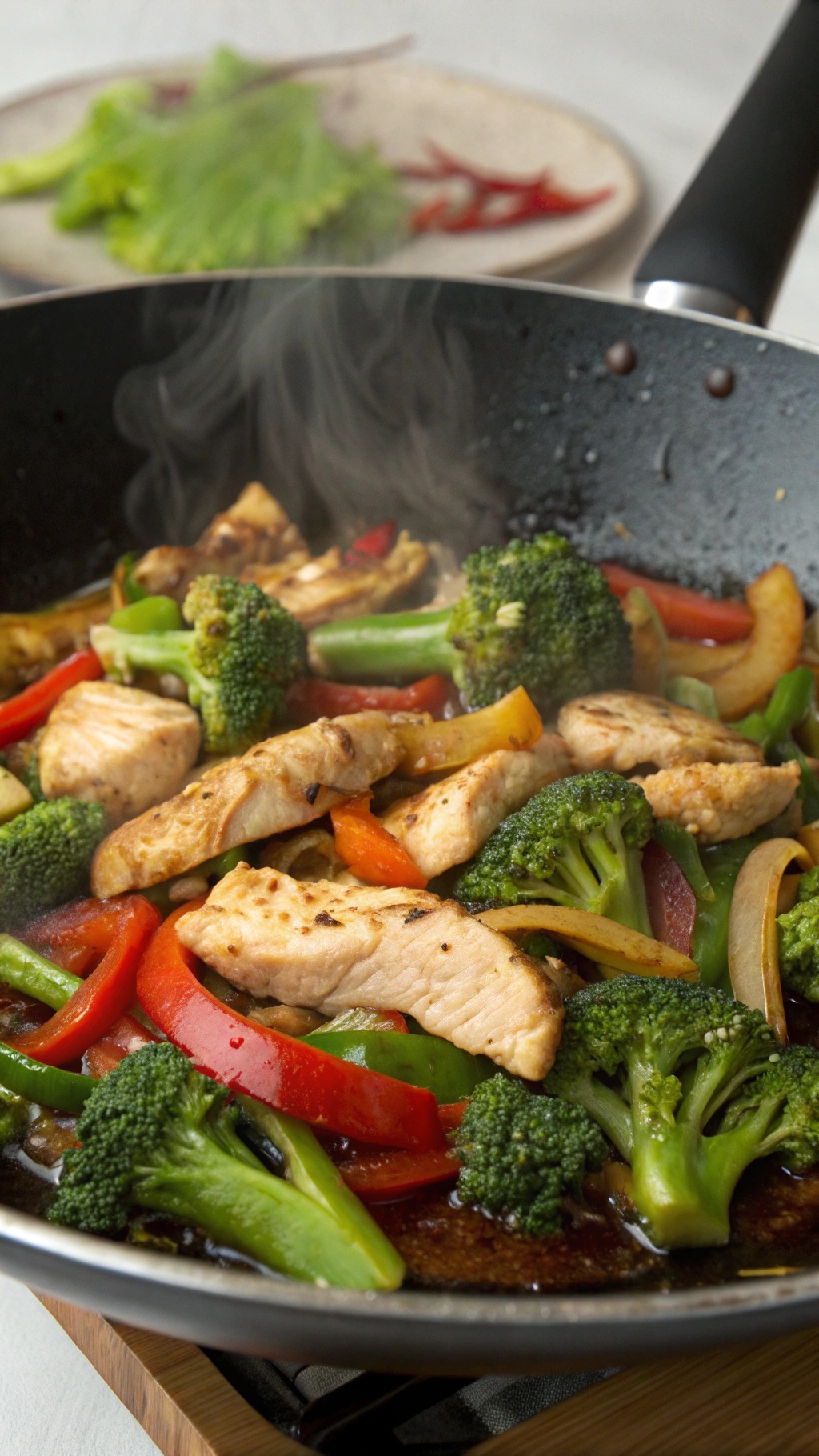 A colorful chicken and broccoli stir-fry in a pan, showcasing vibrant vegetables and tender chicken pieces.