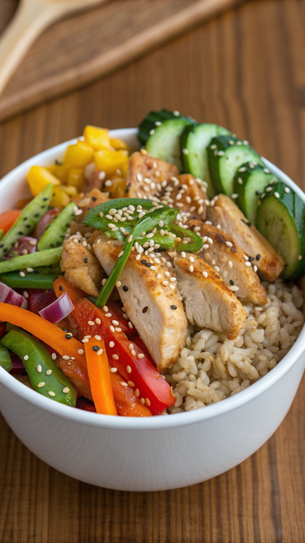A healthy chicken and brown rice bowl with colorful vegetables.