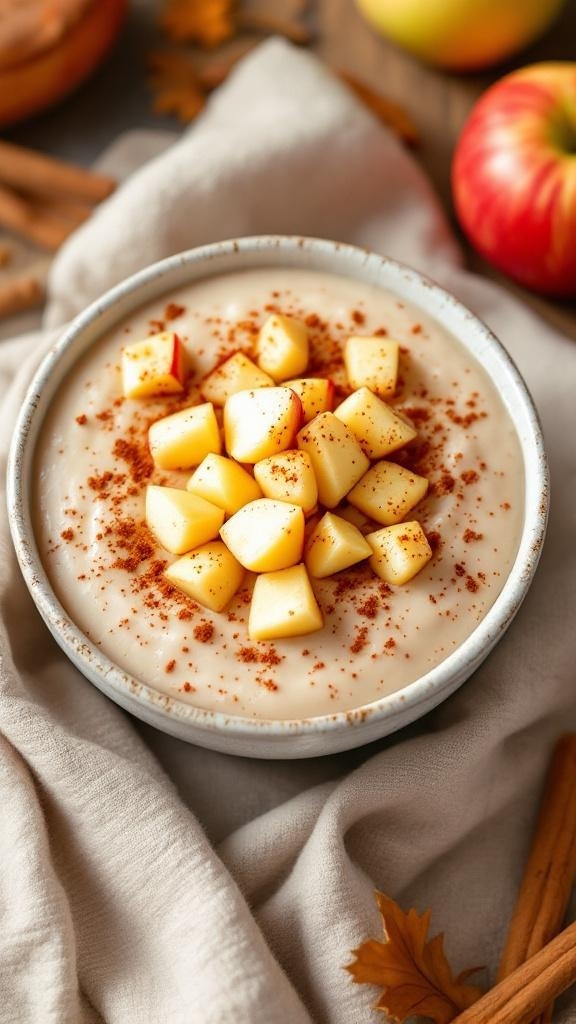 A bowl of cinnamon apple chia pudding topped with diced apples and sprinkled with cinnamon.