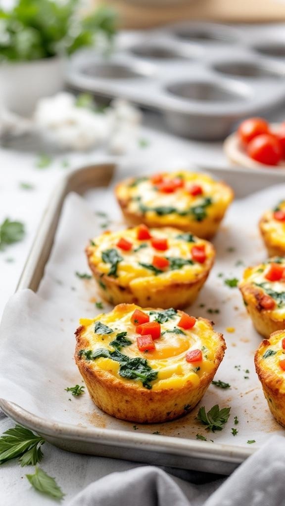 Nutritious egg muffins with spinach and red peppers on a baking tray