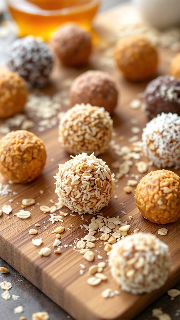A variety of energy bites on a wooden board, showcasing different toppings like coconut and oats.