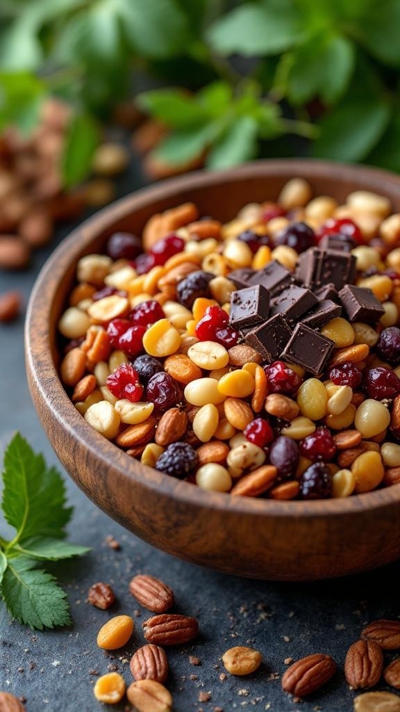 A wooden bowl filled with a colorful mix of nuts, seeds, dried fruits, and dark chocolate chunks.
