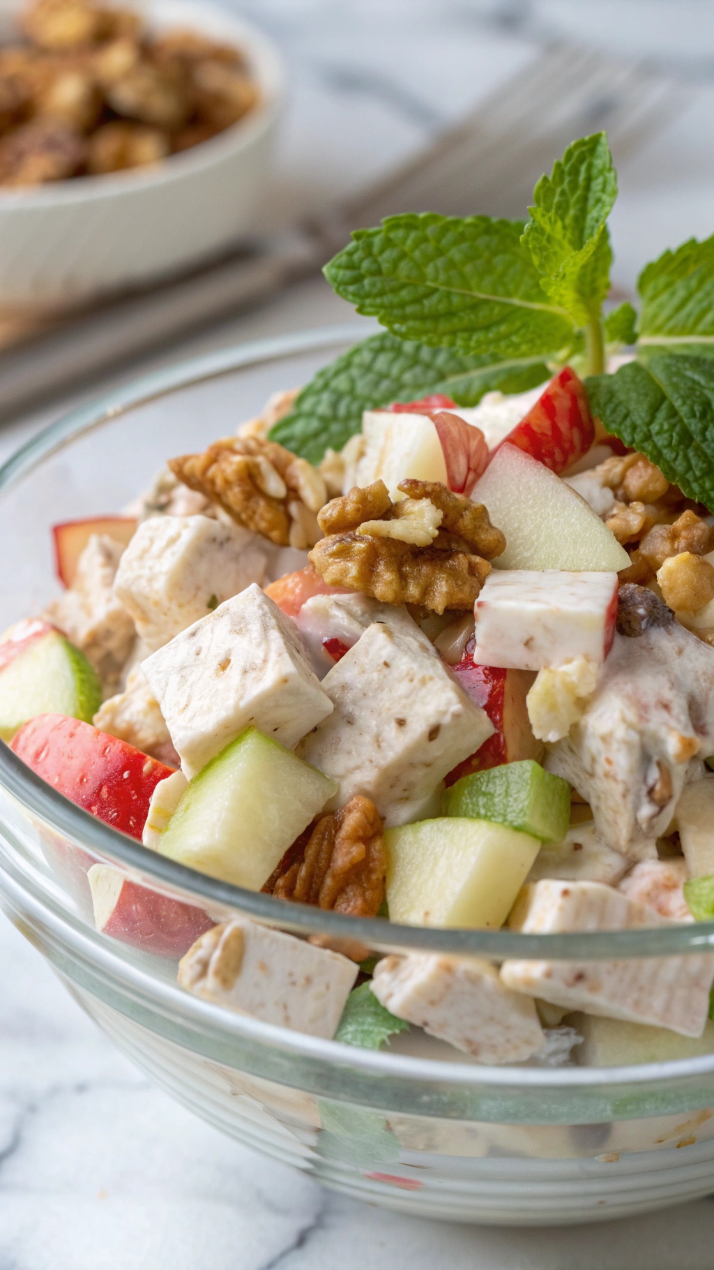 A bowl of Greek yogurt chicken salad with apples and walnuts, garnished with mint.