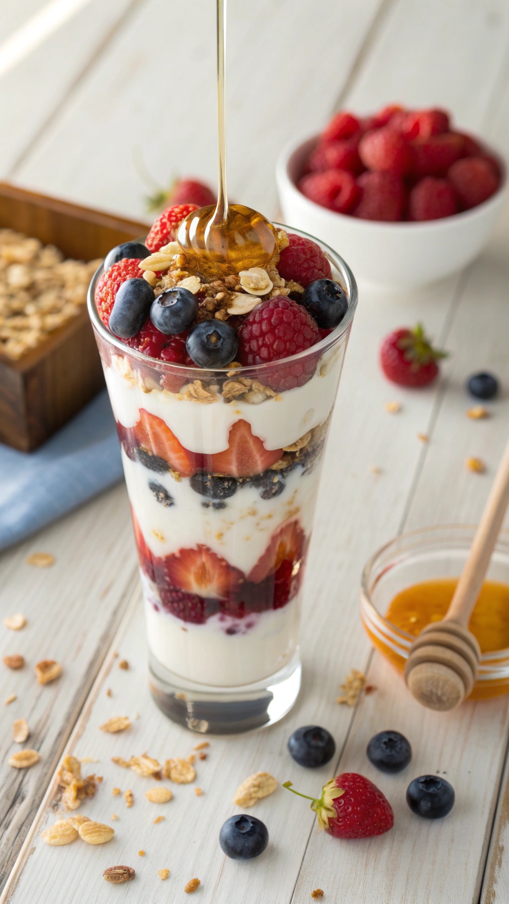 A Greek yogurt parfait with layers of yogurt, berries, and granola, drizzled with honey.