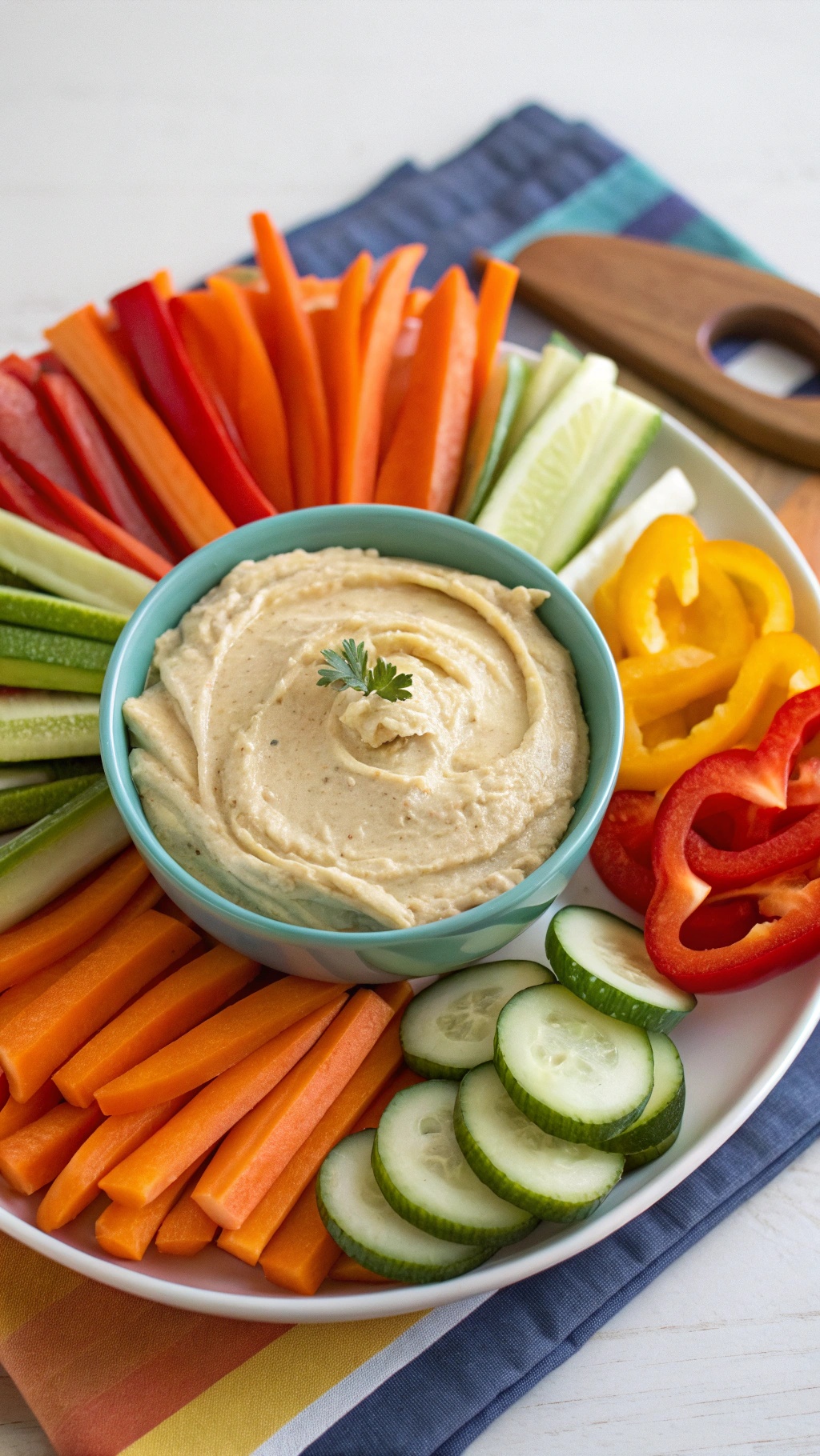 A colorful platter featuring creamy hummus in the center surrounded by fresh veggie sticks including carrots, cucumbers, and bell peppers.