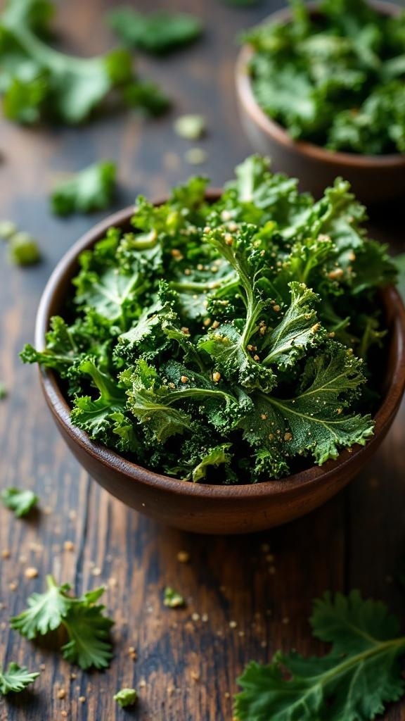 A bowl of freshly made kale chips on a wooden table.