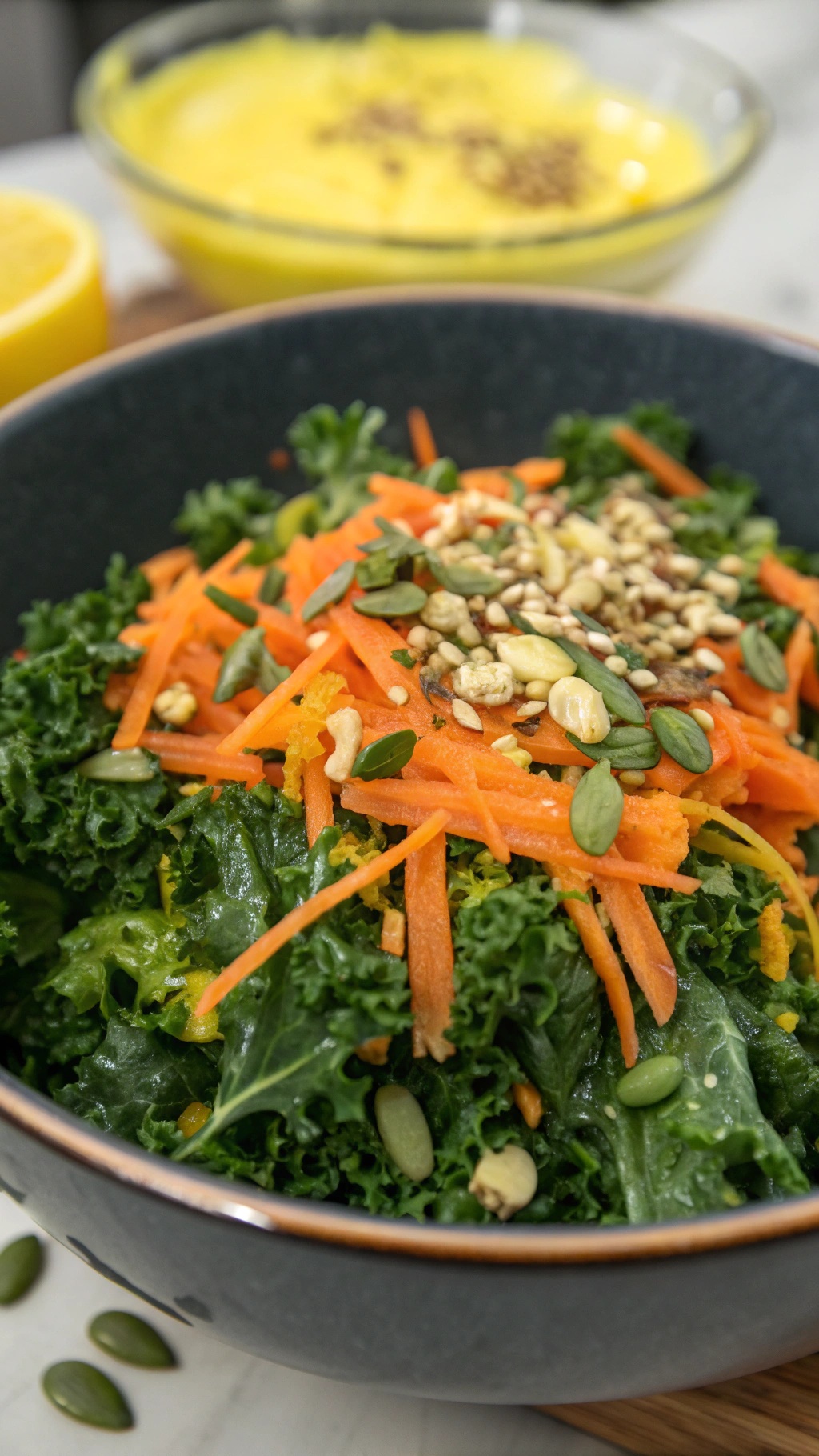 A colorful kale salad with shredded carrots and seeds, topped with a lemon vinaigrette.