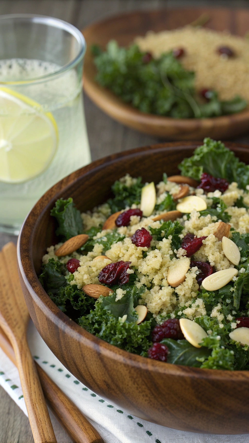 A nutritious kale salad with quinoa, cranberries, and almonds in a wooden bowl.
