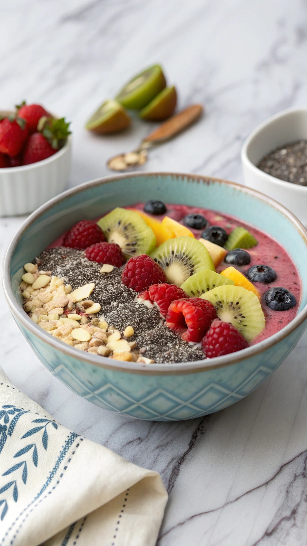 A colorful chia seed power bowl topped with fresh fruits and nuts.