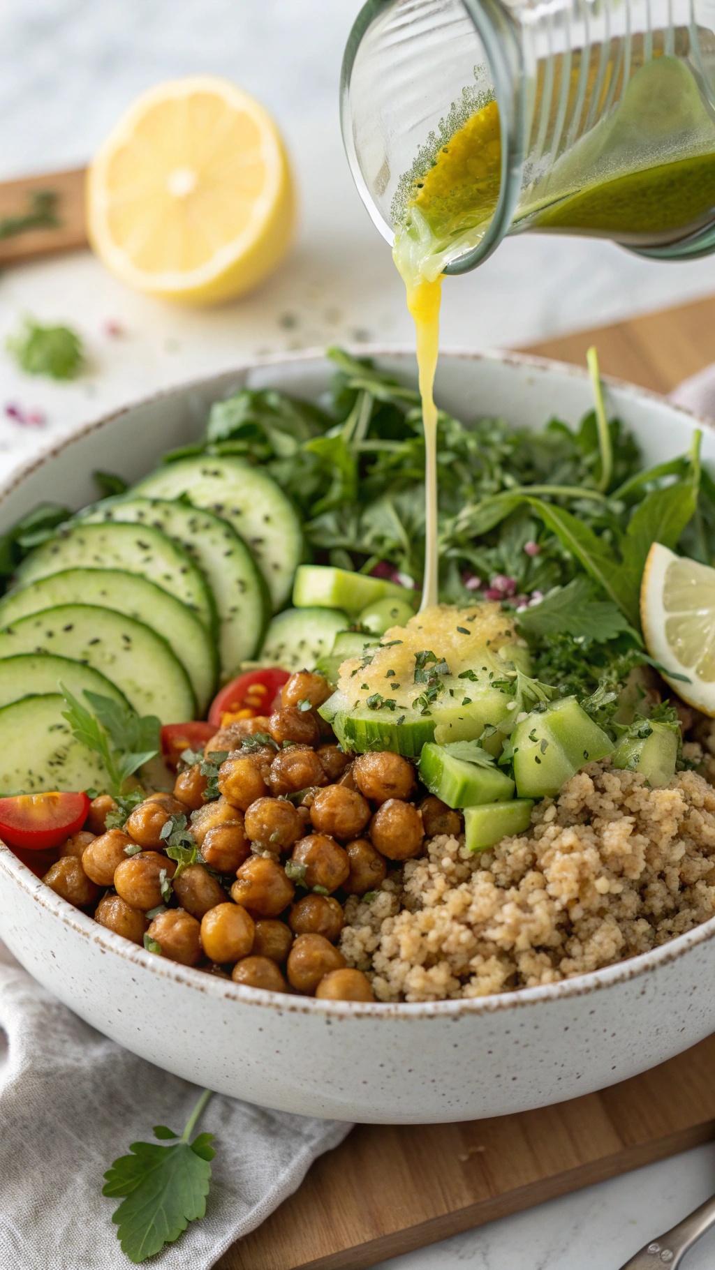 A Mediterranean power bowl with quinoa, chickpeas, cucumbers, tomatoes, and greens being drizzled with dressing.