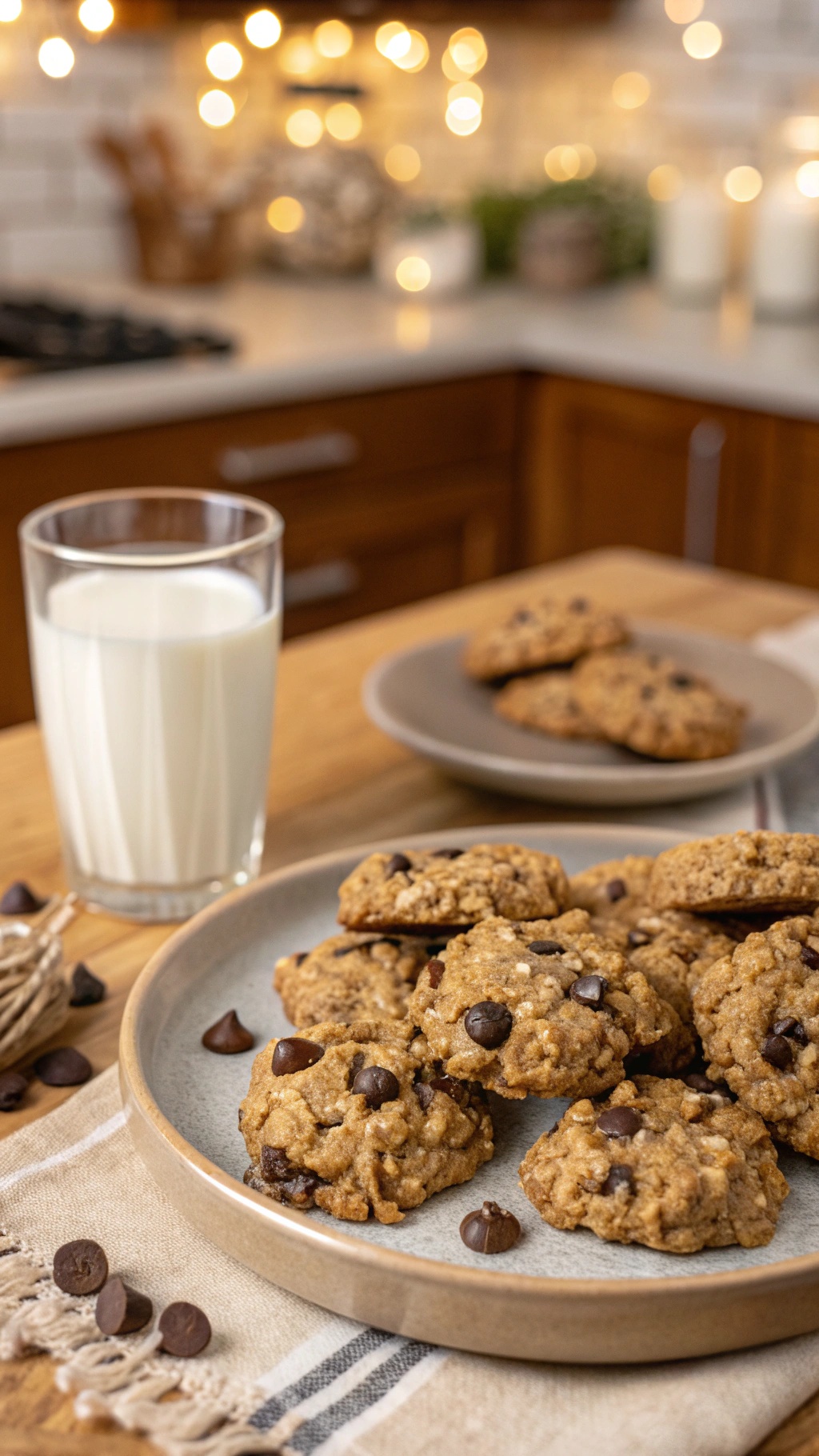 A plate of no-bake oatmeal cookies with a glass of milk in a cozy kitchen setting.