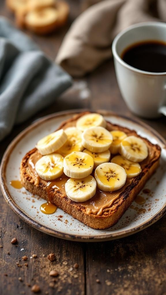 A slice of toasted bread topped with peanut butter and banana slices, served with a cup of coffee.