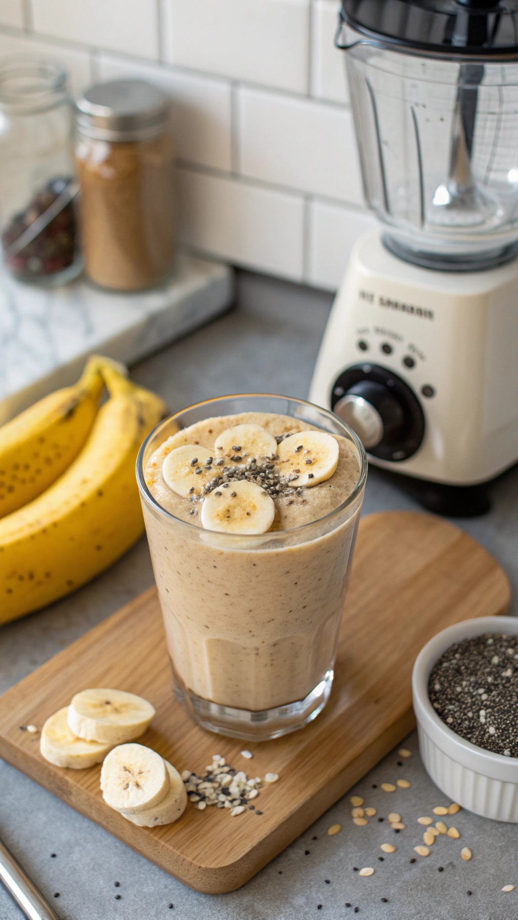 A peanut butter banana smoothie topped with banana slices and chia seeds, with a blender and fresh bananas in the background.