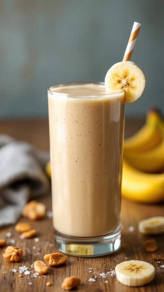 A glass of peanut butter banana smoothie with a banana slice and straw, surrounded by peanuts and bananas.