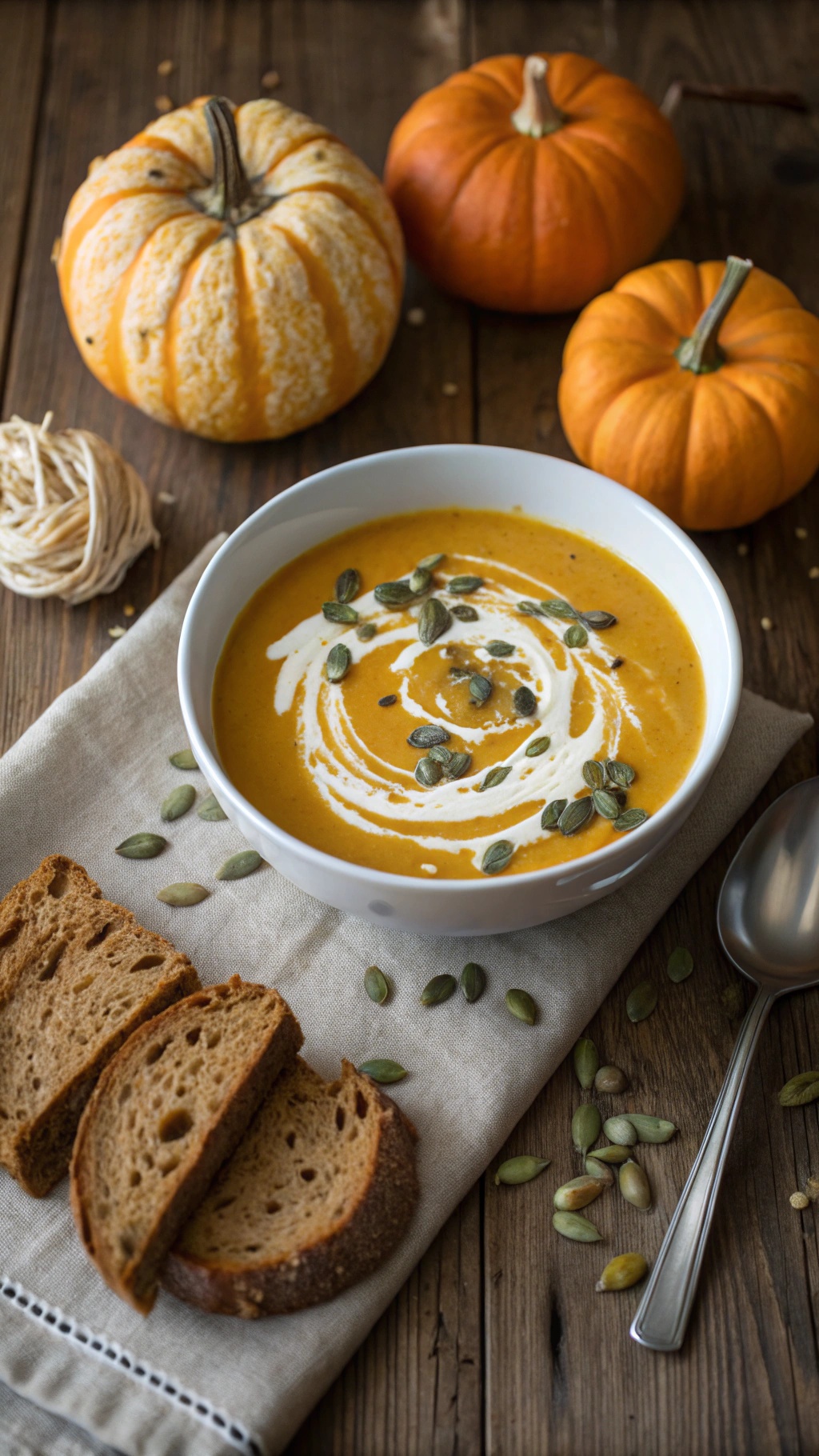 A bowl of creamy pumpkin soup garnished with pumpkin seeds, surrounded by fresh pumpkins and slices of bread.