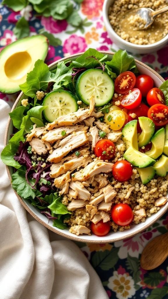 A colorful quinoa and rotisserie chicken salad bowl with mixed greens, cherry tomatoes, cucumber, and avocado.