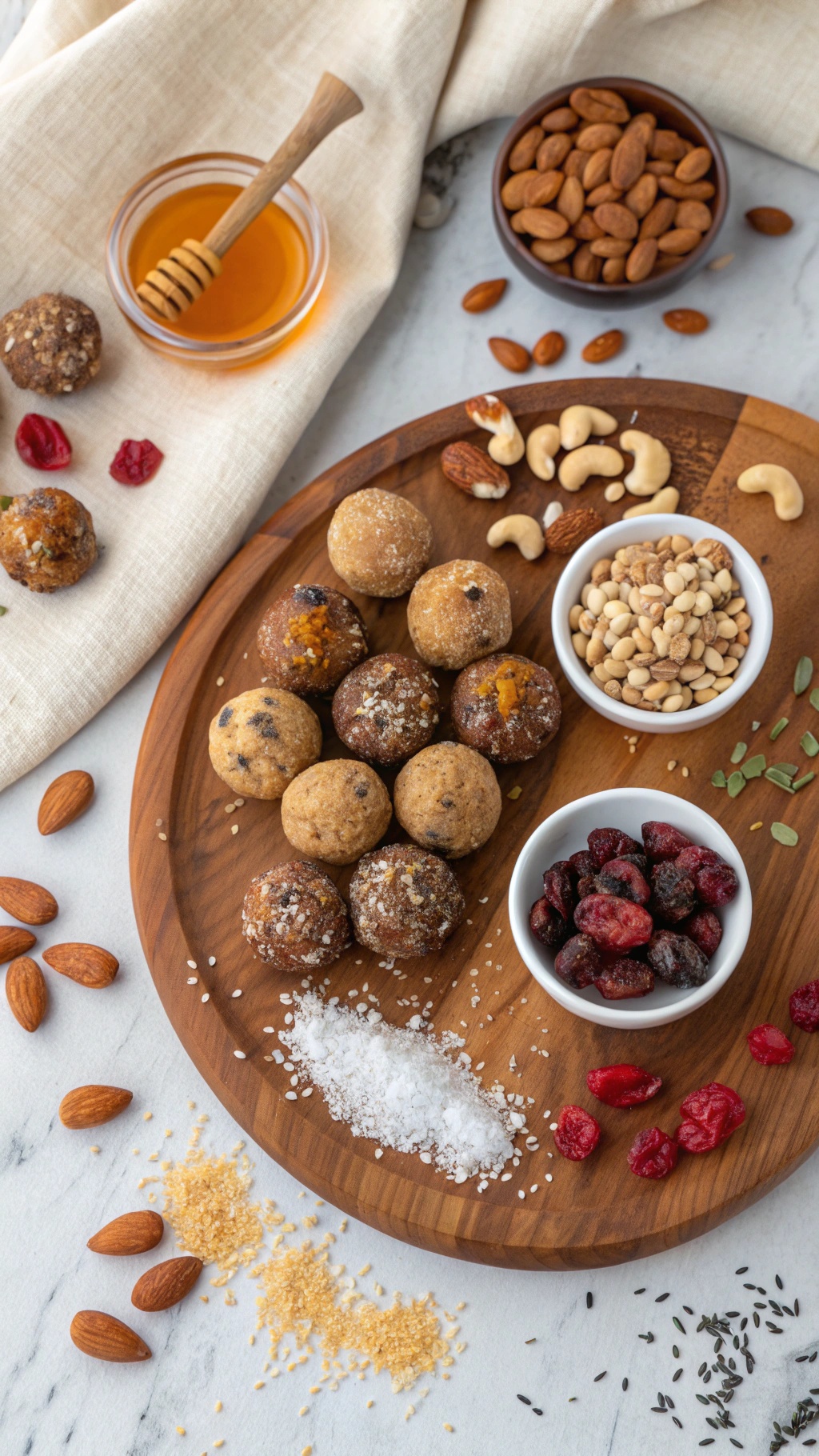 A wooden platter filled with quinoa energy bites, nuts, seeds, and honey.