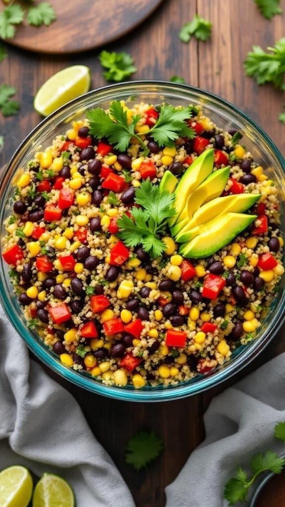 A vibrant quinoa salad with black beans, corn, red bell peppers, and garnished with lime and cilantro.
