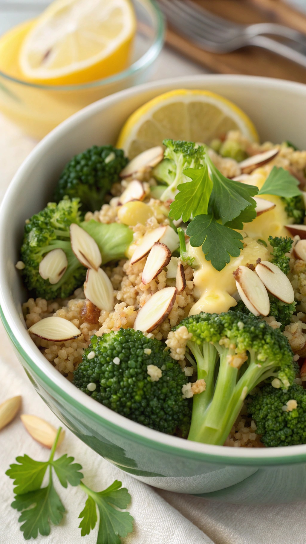 A bowl of quinoa salad with broccoli, almonds, and lemon slices.