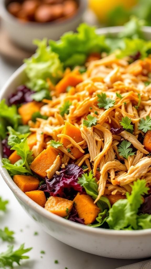 A colorful salad with shredded rotisserie chicken, diced sweet potatoes, and mixed greens topped with cilantro.